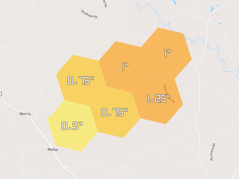 Hail map of Sumrall, MS on Jul 1, 2026, hail up to 1.25"