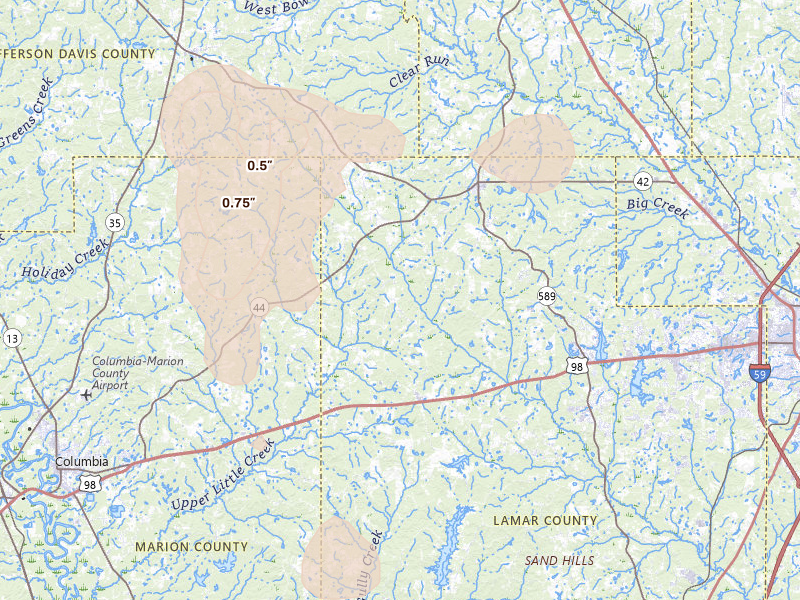 Radar-estimated hail-size map of the storm over Sumrall, MS on Aug 17, 2026