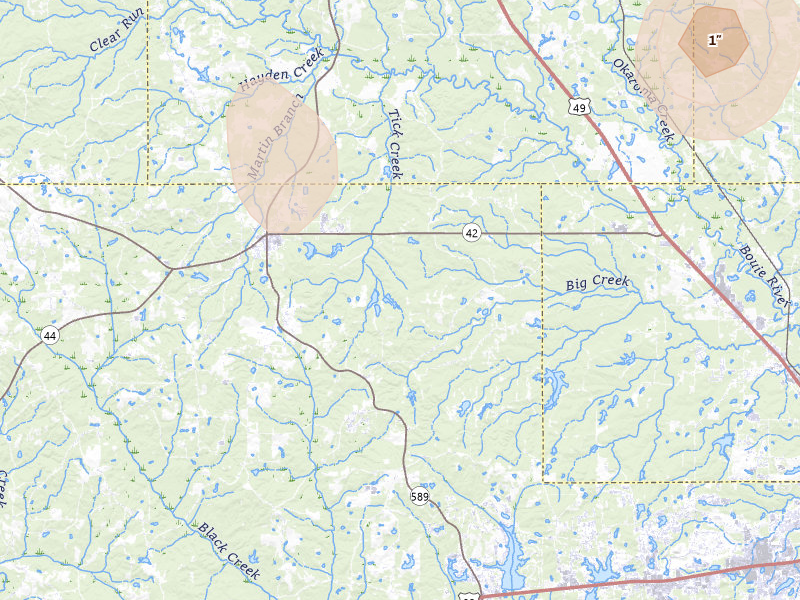 Radar-estimated hail-size map of the storm over Sumrall, MS on Aug 21, 2026