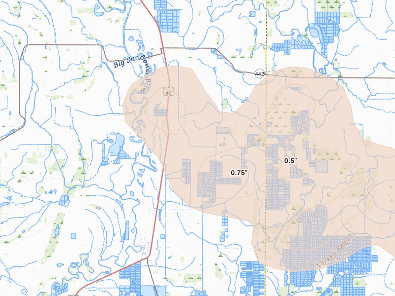 Radar-estimated hail-size map of the storm over Sunflower, MS on May 10, 2026