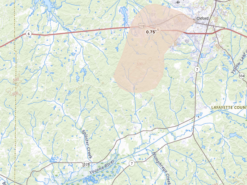 Radar-estimated hail-size map of the storm over Taylor, MS on Jul 4, 2026