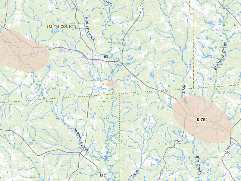 Radar-estimated hail-size map of the storm over Taylorsville, MS on Apr 26, 2026