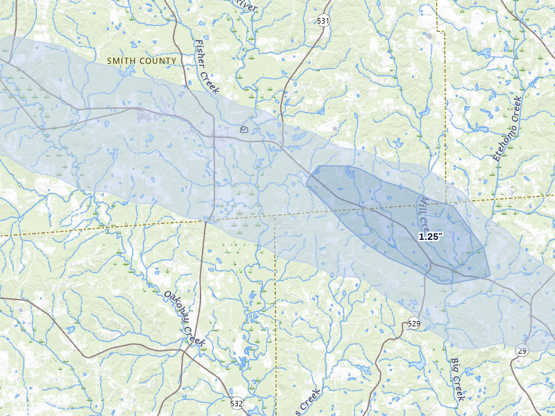 NEXRAD radar-signature map of the hail over Taylorsville, MS