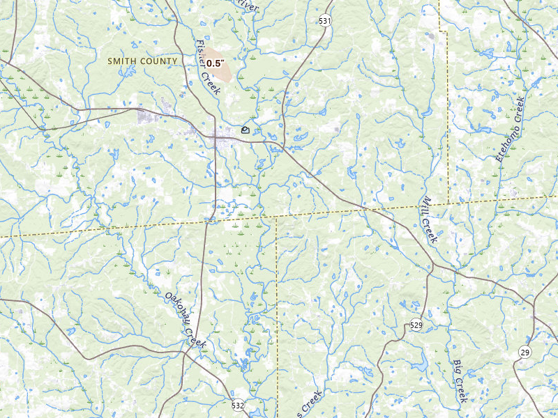 Radar-estimated hail-size map of the storm over Taylorsville, MS on Jun 25, 2026