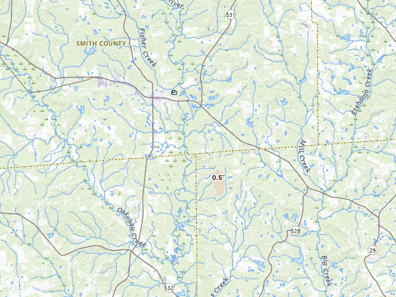 Radar-estimated hail-size map of the storm over Taylorsville, MS on Aug 19, 2026