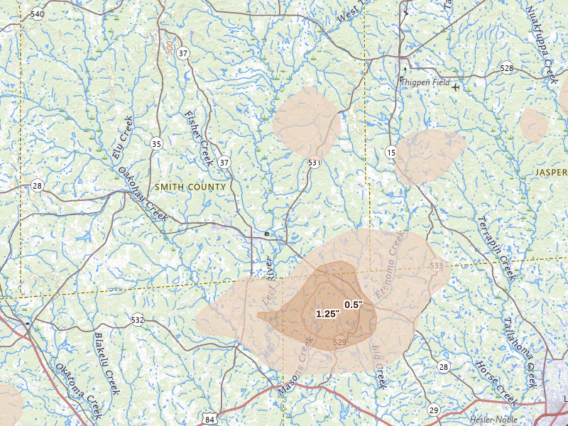 Radar-estimated hail-size map of the storm over Taylorsville, MS on Aug 20, 2026