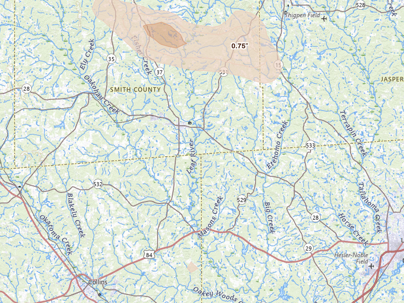 Radar-estimated hail-size map of the storm over Taylorsville, MS on Aug 21, 2026