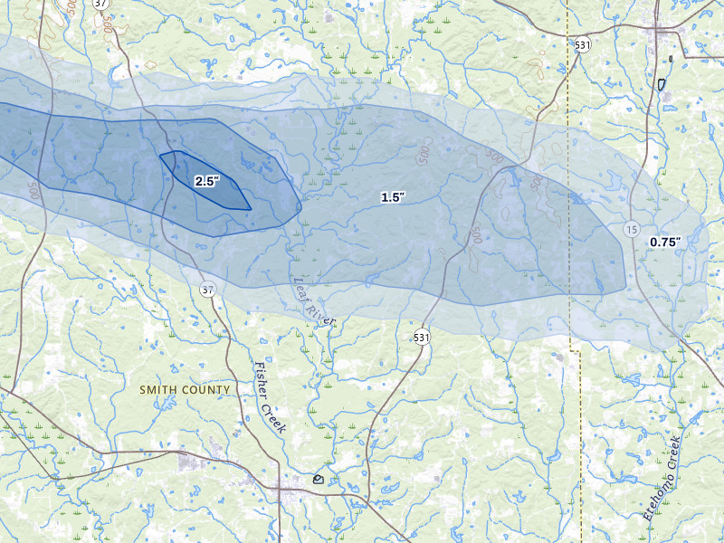 NEXRAD radar-signature map of the hail storm over Taylorsville, MS on Aug 21, 2026