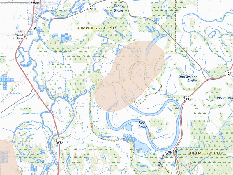 Radar-estimated hail-size map of the storm over Tchula, MS on Jun 1, 2026