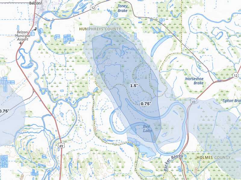 NEXRAD radar-signature map of the hail over Tchula, MS