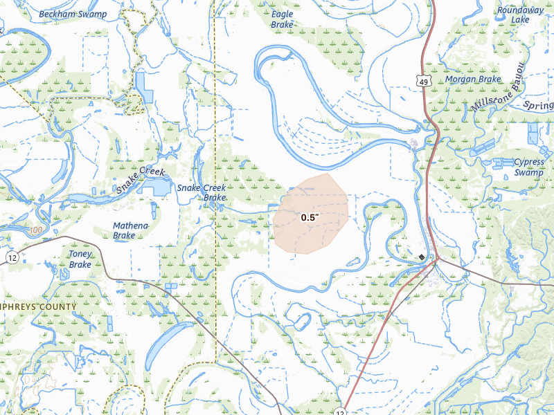 Radar-estimated hail-size map of the storm over Tchula, MS on Aug 8, 2026