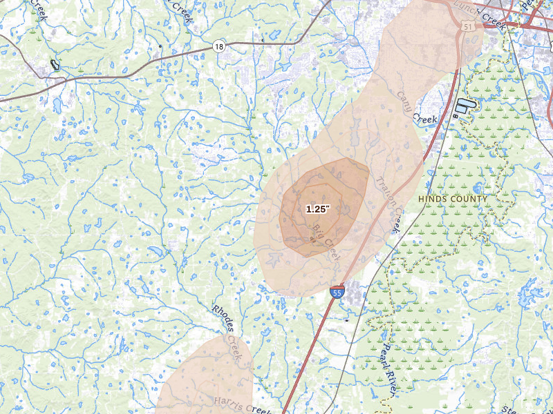 Radar-estimated hail-size map of the storm over Terry, MS on May 17, 2026
