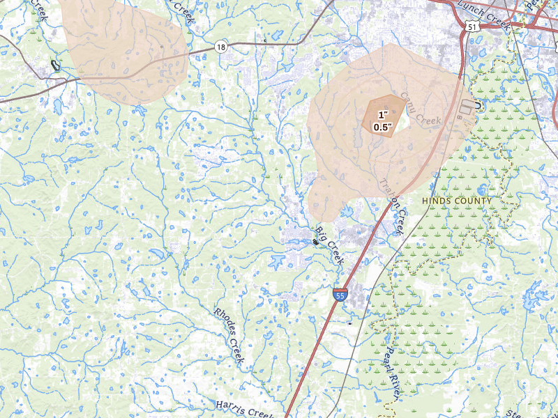 Radar-estimated hail-size map of the storm over Terry, MS on Jun 1, 2026