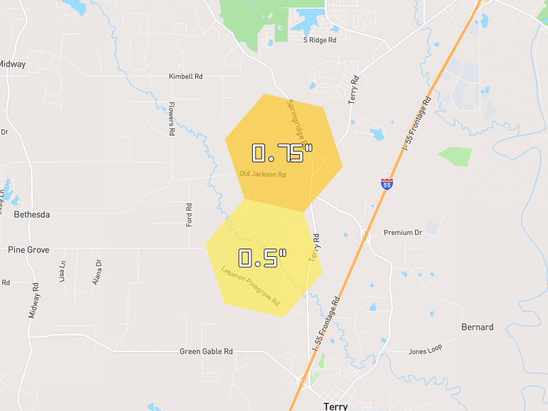 Hail map of Terry, MS on Jul 1, 2026, hail up to 0.75"