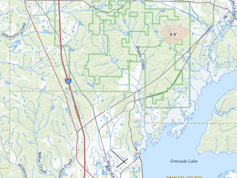 Radar-estimated hail-size map of the storm over Tillatoba, MS on Apr 27, 2026