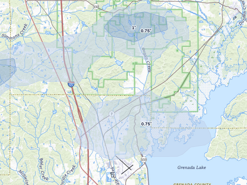 NEXRAD radar-signature map of the hail storm over Tillatoba, MS on Apr 28, 2026
