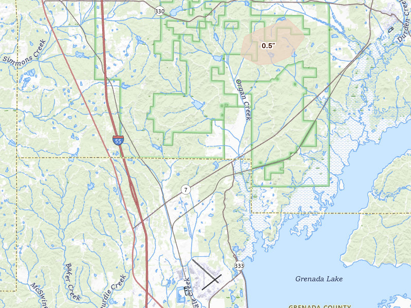 Radar-estimated hail-size map of the storm over Tillatoba, MS on Jul 2, 2026