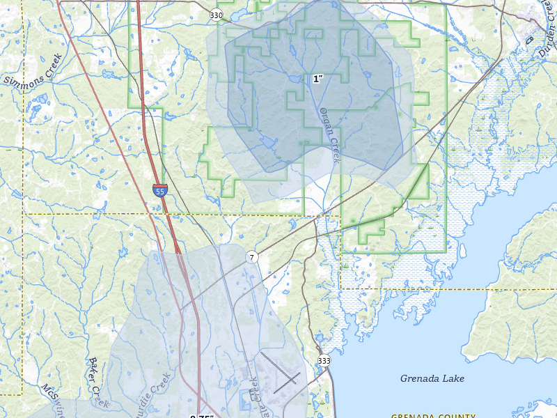 NEXRAD radar-signature map of the hail over Tillatoba, MS