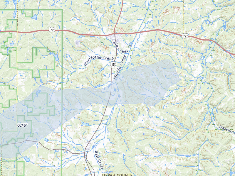 NEXRAD radar-signature map of the hail over Tiplersville, MS