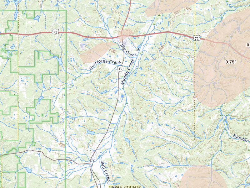 Radar-estimated hail-size map of the storm over Tiplersville, MS on Mar 15, 2026