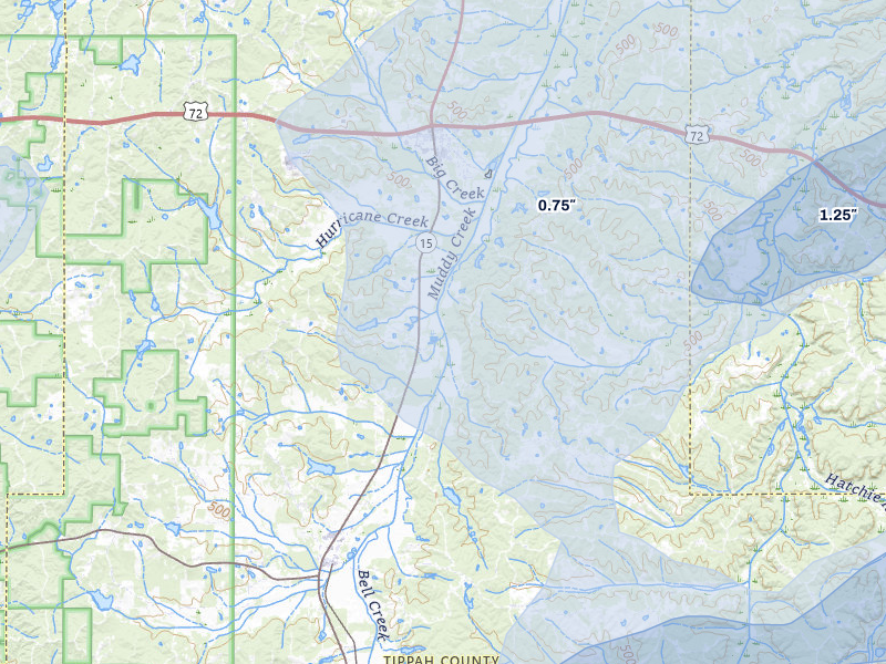 NEXRAD radar-signature map of the hail over Tiplersville, MS