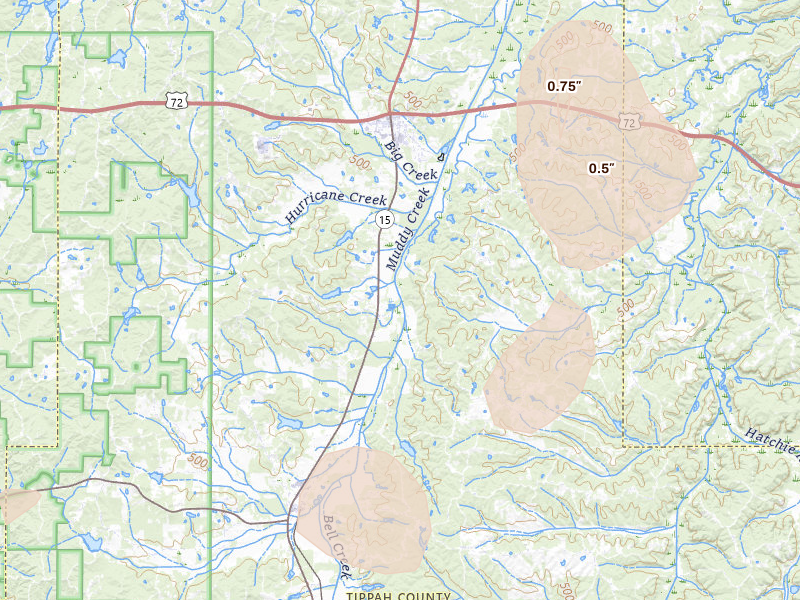 Radar-estimated hail-size map of the storm over Tiplersville, MS on Jul 4, 2026