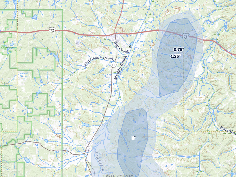 NEXRAD radar-signature map of the hail over Tiplersville, MS