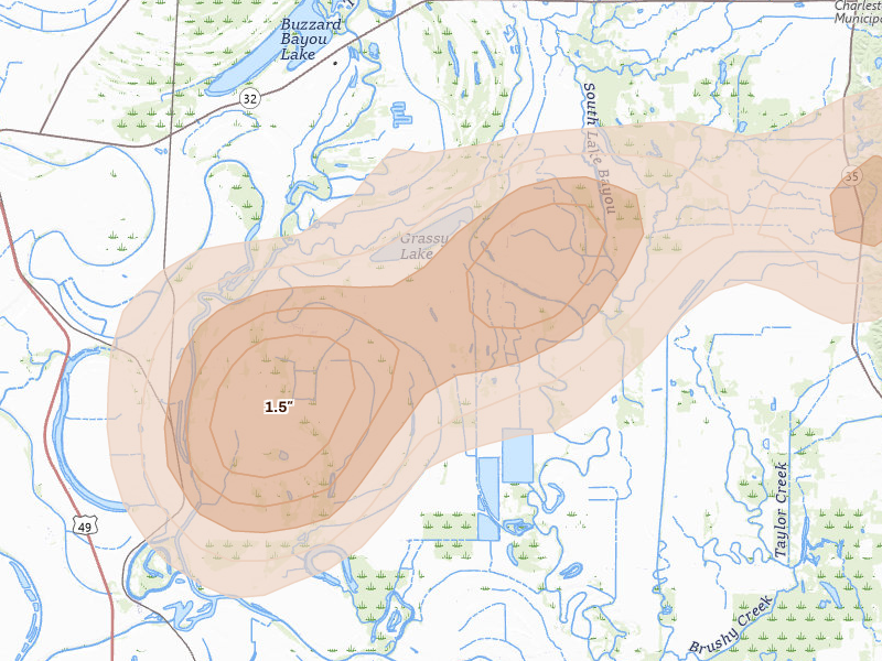 Radar-estimated hail-size map of the storm over Tippo, MS on Jul 1, 2026