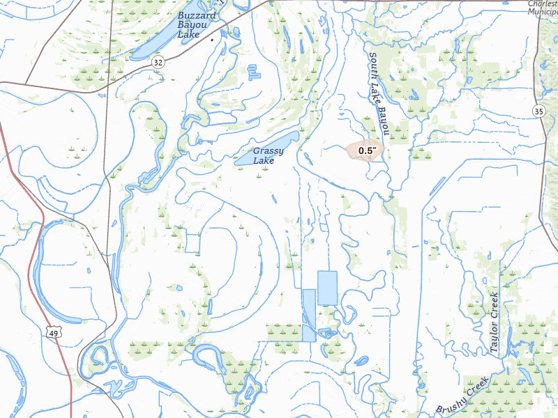 Radar-estimated hail-size map of the storm over Tippo, MS on Aug 19, 2026