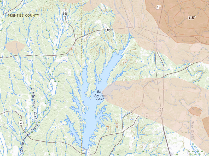 Radar-estimated hail-size map of the storm over Tishomingo, MS on Feb 26, 2026