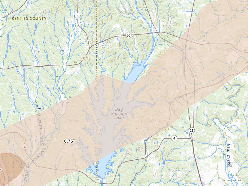 Radar-estimated hail-size map of the storm over Tishomingo, MS on Mar 15, 2026