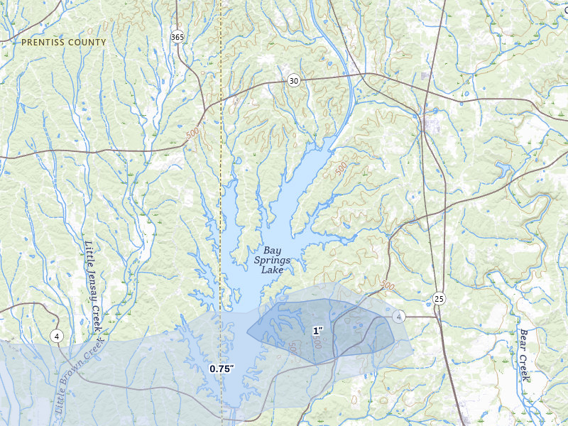 NEXRAD radar-signature map of the hail over Tishomingo, MS
