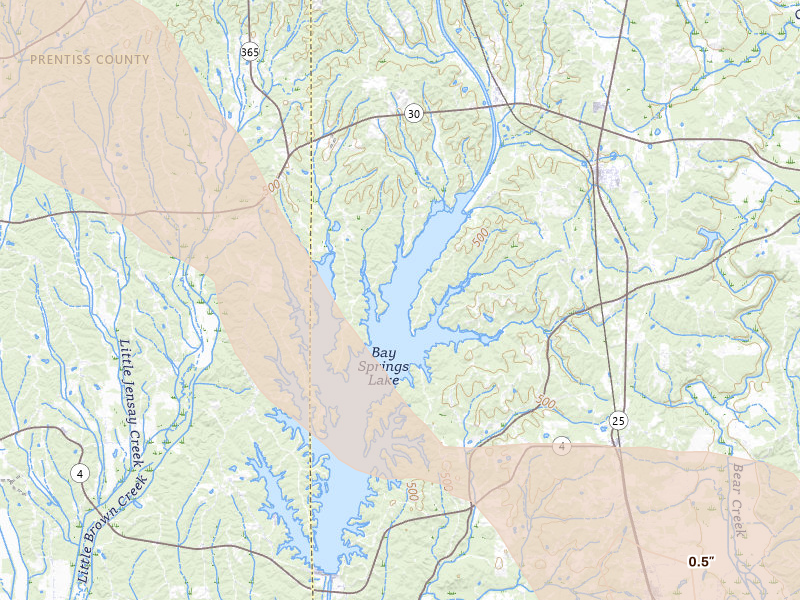 Radar-estimated hail-size map of the storm over Tishomingo, MS on Jun 1, 2026
