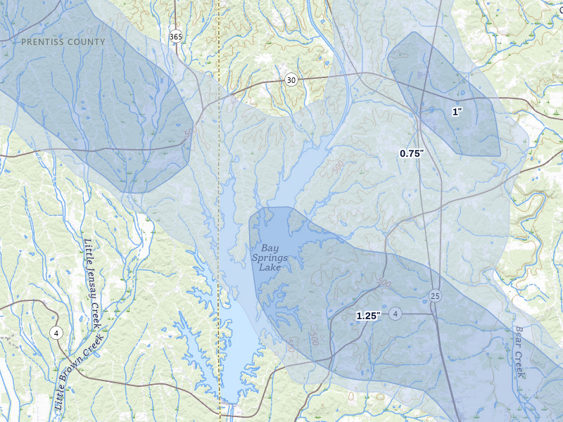 NEXRAD radar-signature map of the hail storm over Tishomingo, MS on Jun 1, 2026