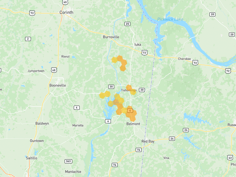 Hail map of Tishomingo, MS on Jun 1, 2026, hail up to 1.25"