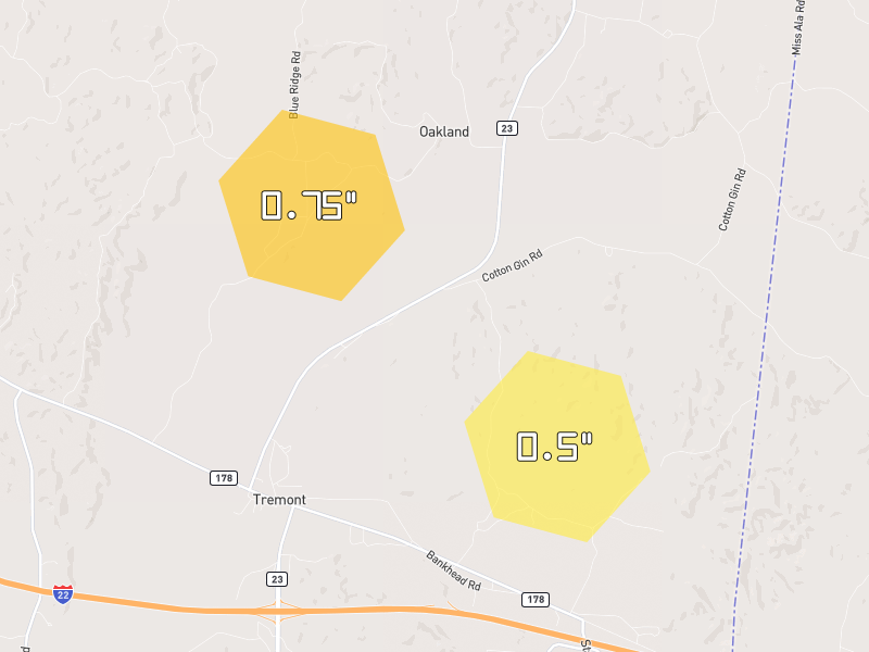 Hail map of Tremont, MS on Jul 1, 2026, hail up to 0.75"