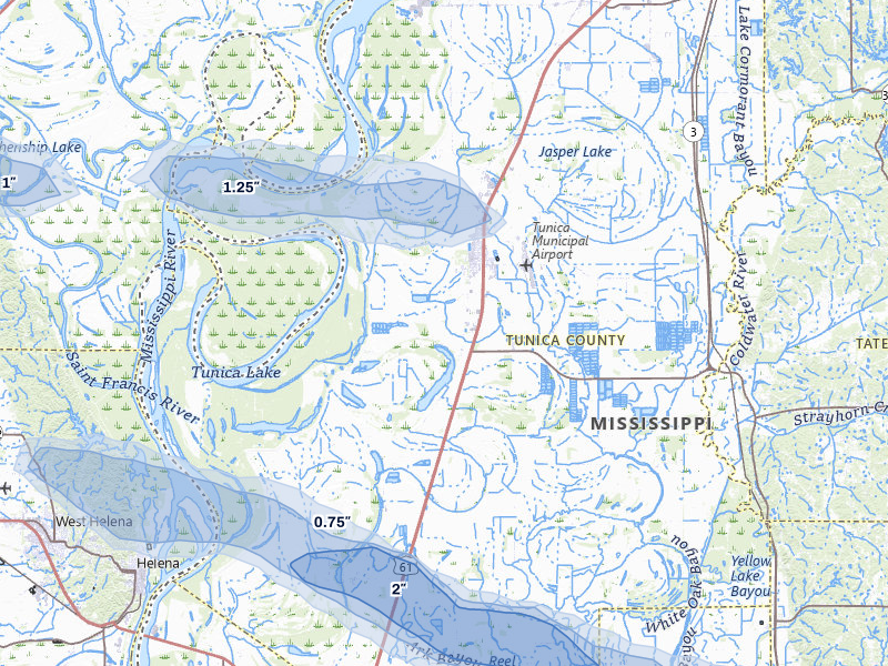 NEXRAD radar-signature map of the hail over Tunica, MS