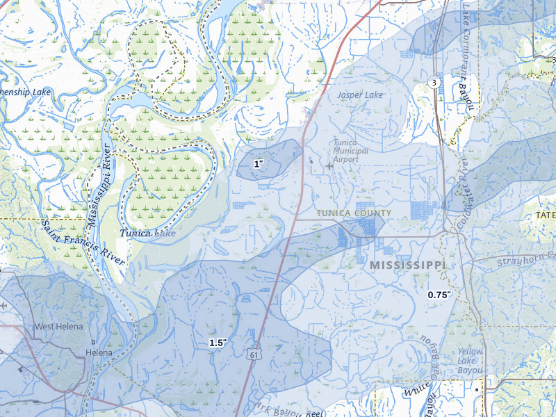 NEXRAD radar-signature map of the hail over Tunica, MS