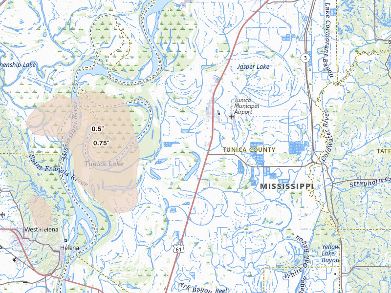 Radar-estimated hail-size map of the storm over Tunica, MS