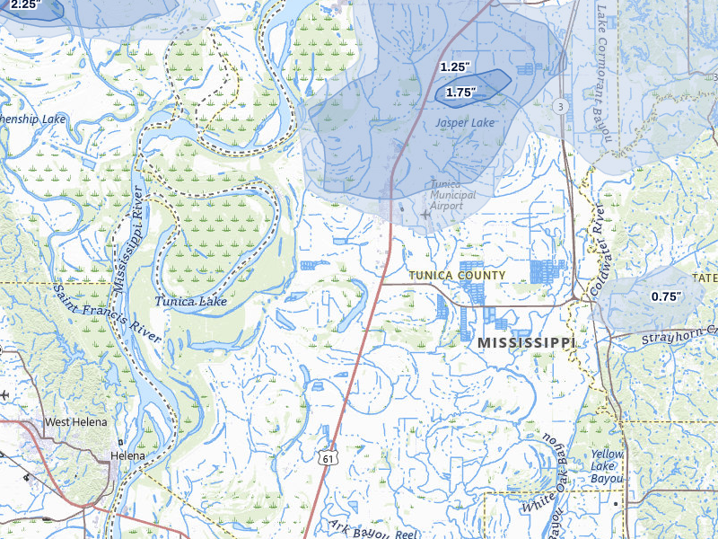 NEXRAD radar-signature map of the hail storm over Tunica, MS on Aug 17, 2026