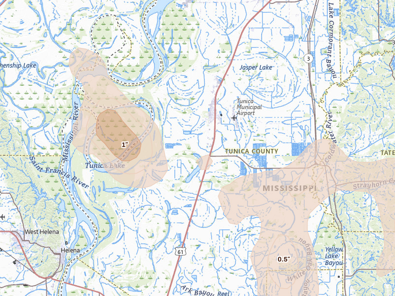 Radar-estimated hail-size map of the storm over Tunica, MS on Aug 20, 2026