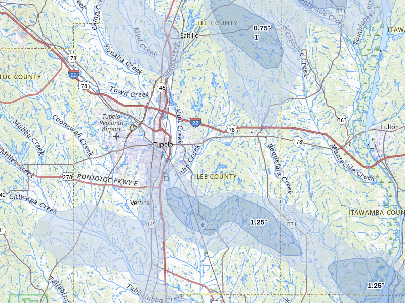 NEXRAD radar-signature map of the hail storm over Tupelo, MS on Jun 1, 2026