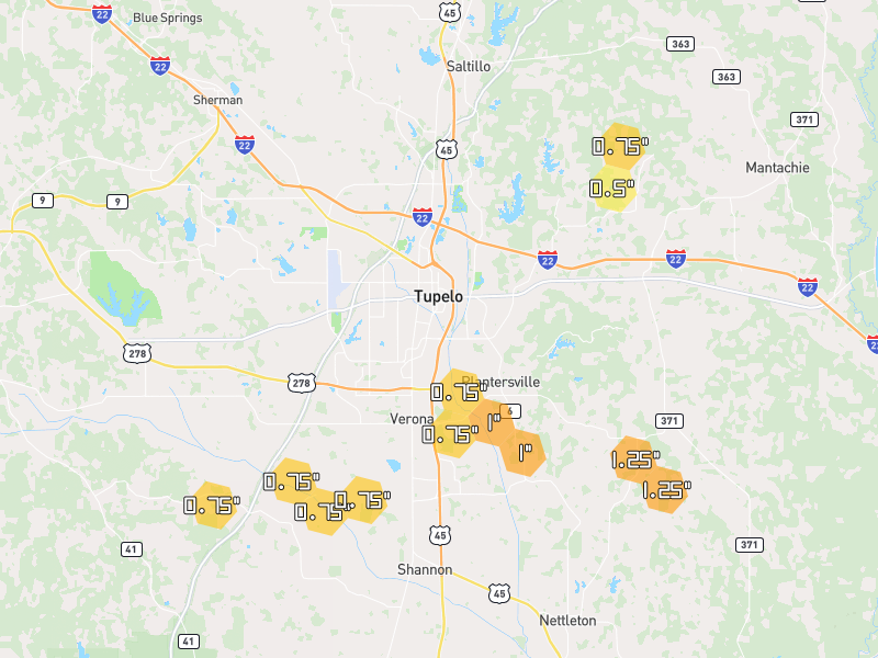 Hail map of Tupelo, MS on Jun 1, 2026, hail up to 1.25"