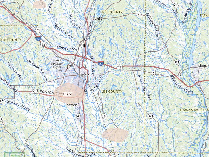 Radar-estimated hail-size map of the storm over Tupelo, MS on Jul 1, 2026
