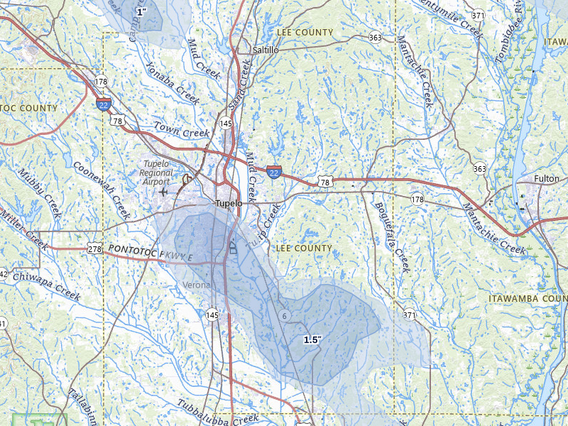 NEXRAD radar-signature map of the hail storm over Tupelo, MS on Jul 1, 2026