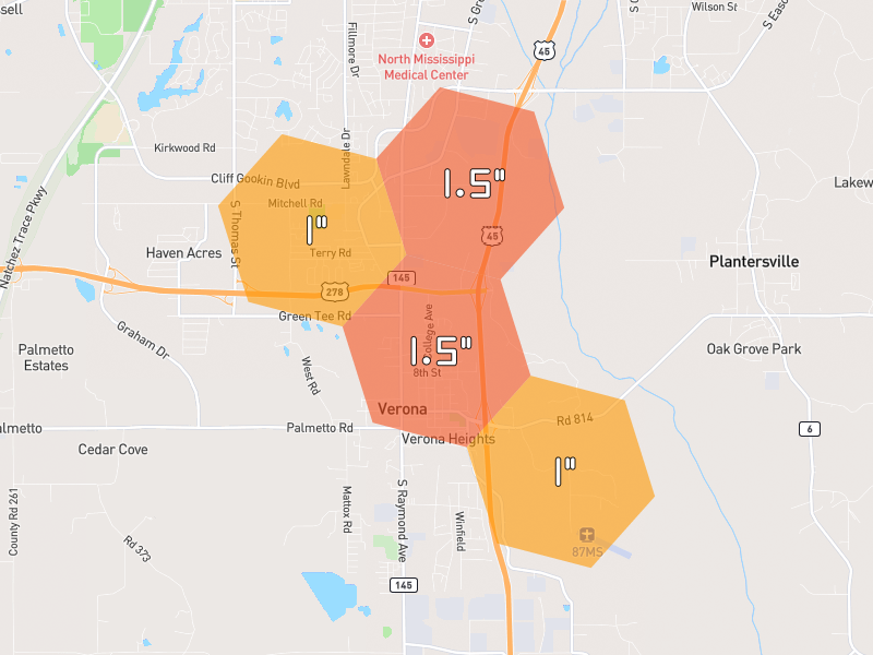 Hail map of Tupelo, MS on Jul 1, 2026, hail up to 1.5"