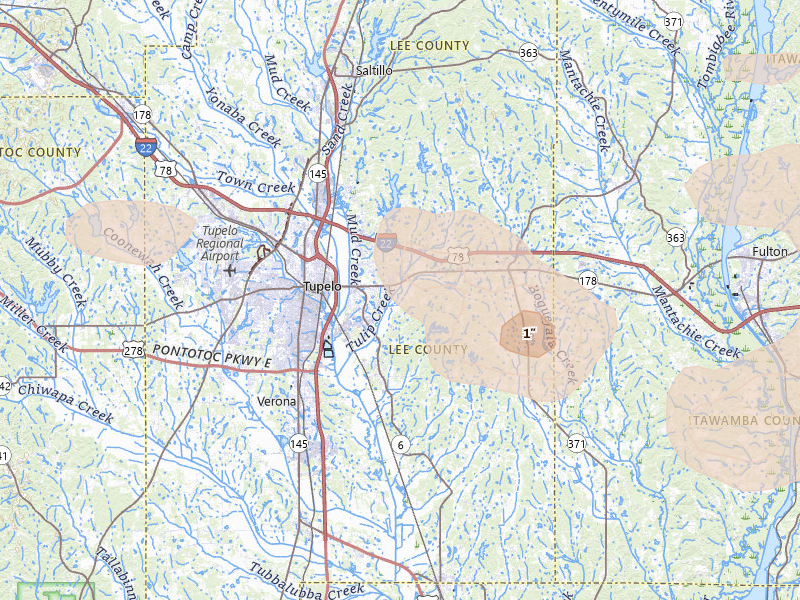 Radar-estimated hail-size map of the storm over Tupelo, MS on Jul 9, 2026
