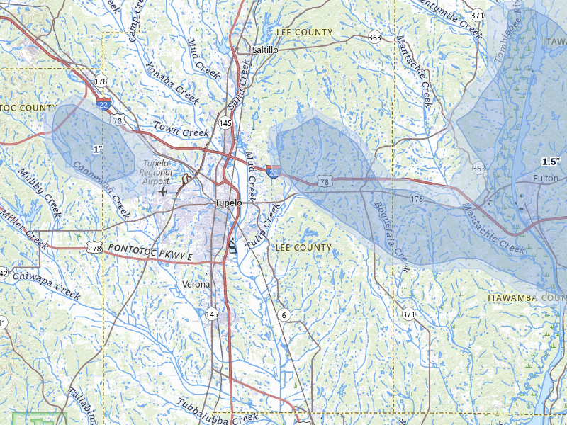 NEXRAD radar-signature map of the hail storm over Tupelo, MS on Jul 9, 2026