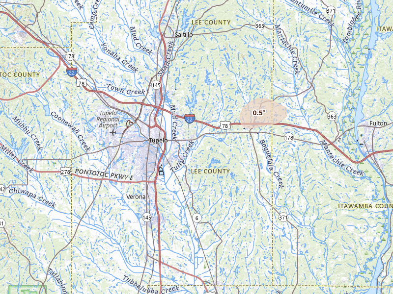 Radar-estimated hail-size map of the storm over Tupelo, MS on Jul 10, 2026