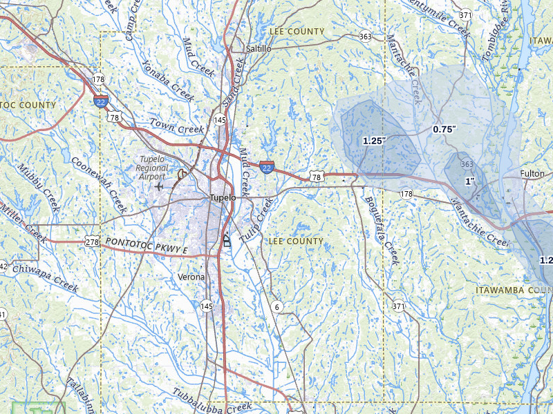 NEXRAD radar-signature map of the hail storm over Tupelo, MS on Jul 10, 2026